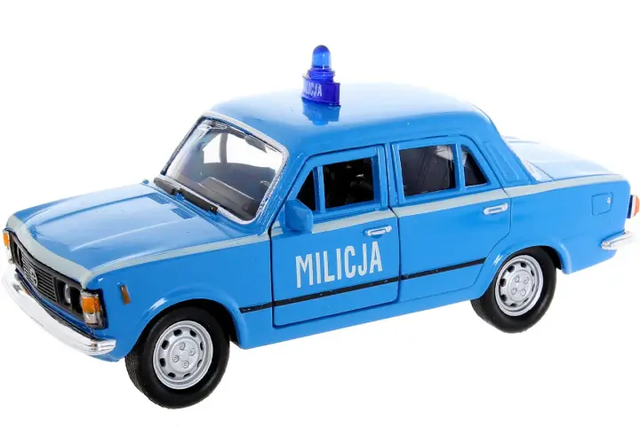 Niebieski fiat 125p milicja z niebieską syreną na dachu, gotowy do akcji.