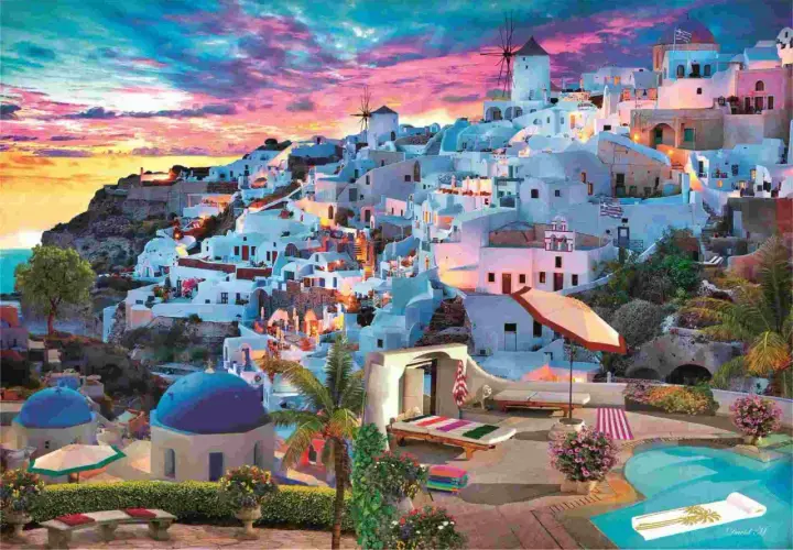 Widok na Santorini o zachodzie słońca, białe domy na klifie, wiatraki, basen i leżaki. Ten puzzle santorini przeniesie Cię w podróż.