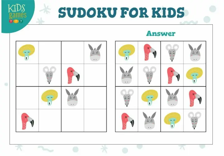 Sudoku zasady dla dzieci: plansza z zagadkami i rozwiązaniami, gdzie zamiast cyfr są urocze zwierzątka: lew, myszka, flaming i osiołek.