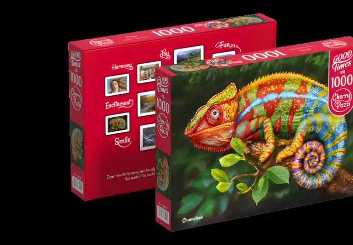 Kolorowe puzzle kameleon od Cherry Pazzi, 1000 elementów. Zestaw zawiera obrazek z jaszczurką na gałęzi.