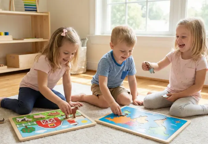 Dzieci bawią się drewnianymi puzzlami 3d: na jednym jest wieś z zagrodą, na drugim mapa świata.