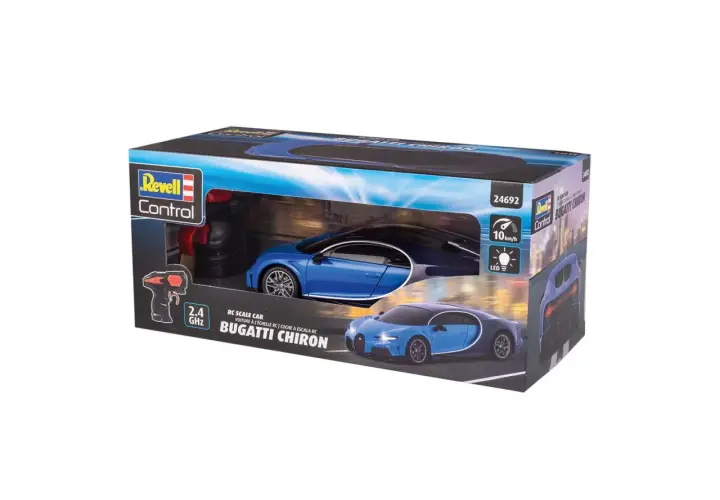 Niebieska zabawka Bugatti Chiron na opakowaniu Revell Control z pilotem.