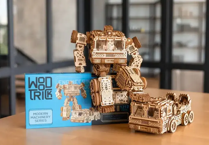 Drewniany robot i ciężarówka z serii Modern Machinery, to wspaniałe puzzle 3d do samodzielnego złożenia.