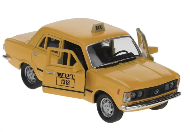 Żółty fiat 125p taxi z otwartymi drzwiami i tabliczką "TAXI" na dachu.