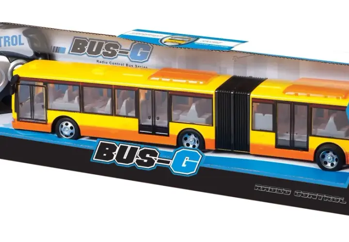 Żółto-pomarańczowy przegubowy autobus na pilota, zapakowany w pudełko z napisem "BUS-G Radio Control Bus Series".
