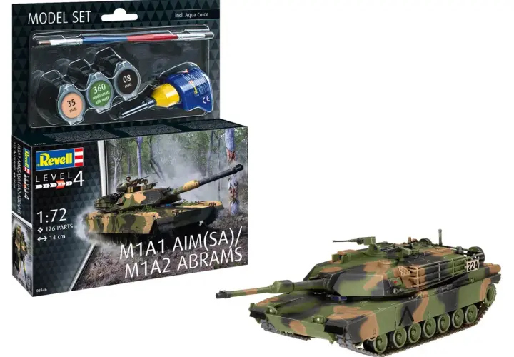 Zestaw do sklejania czołgu M1A1 Abrams, zawiera farby i pędzel. Model czołgu w kamuflażu leśnym.