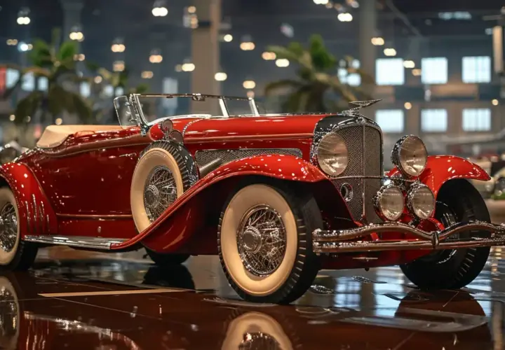 Błyszczący, czerwony kabriolet Duesenberg Model J z białymi oponami i chromowanymi detalami, stojący na lśniącej podłodze.
