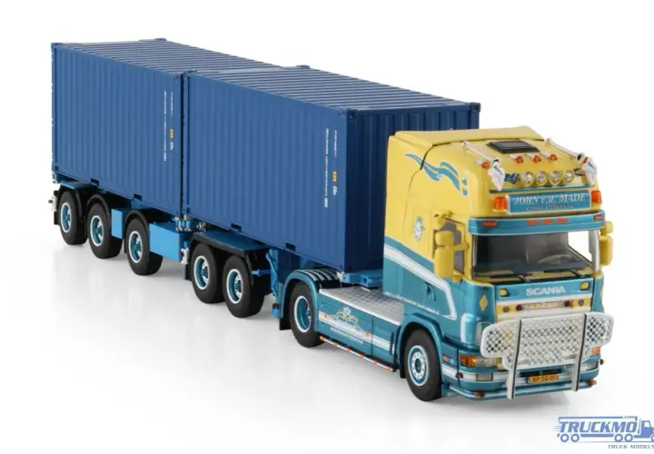 Żółto-niebieska Scania z dwoma niebieskimi kontenerami. Model ciężarówki Scania kontener, gotowy do transportu.