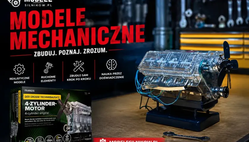 Przezroczysty model 4-cylindrowego silnika, który można zbudować samodzielnie. Idealny do nauki i poznawania mechaniki.