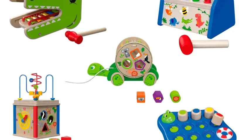 Kreatywne playtive zabawki drewniane: sorter kształtów, cymbałki krokodyl, kostki do wbijania, kostki z zwierzątkami i kostki do sortowania.