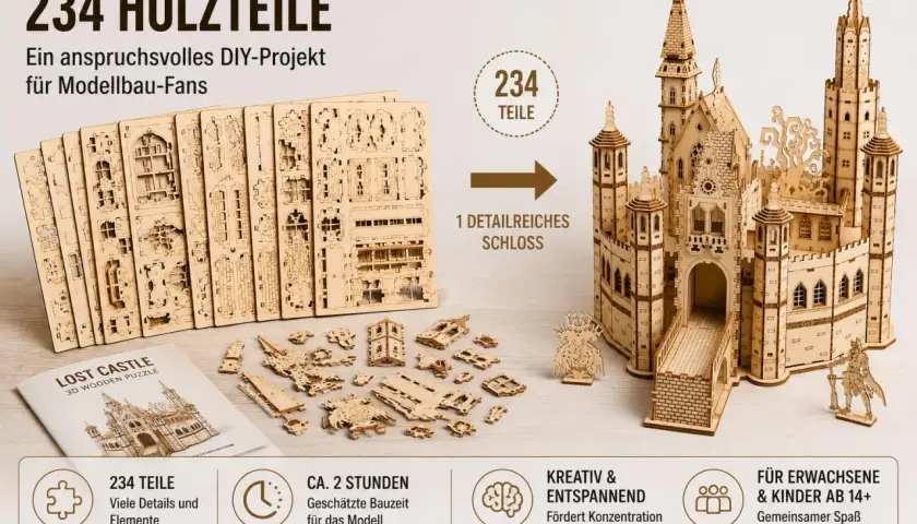 Zestaw 234 elementów do złożenia pięknego, drewnianego zamku. Idealny projekt dla fanów modeli.