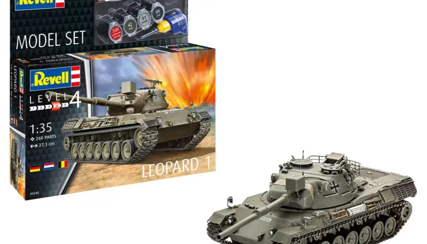 Zestaw modelarski Revell z modelem czołgu Leopard 1, farbami i pędzelkiem.