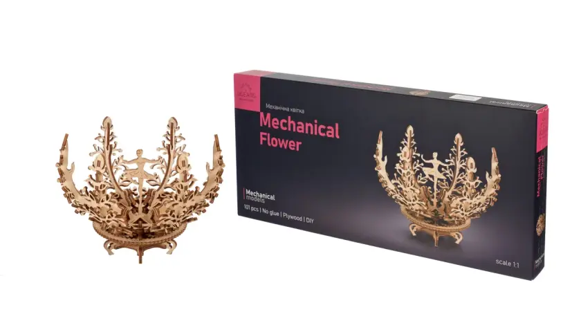 Drewniana pozytywka Mechanical Flower, model do samodzielnego złożenia, z misternymi detalami i figurkami.