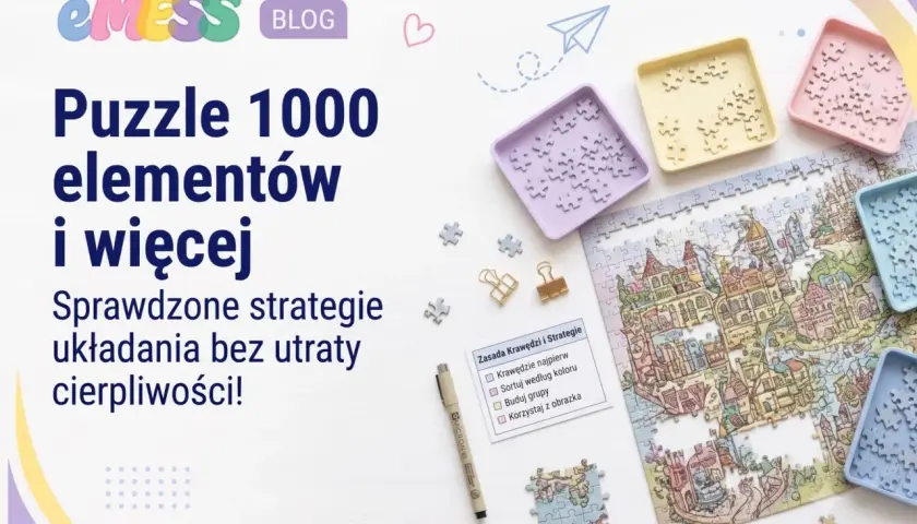 Kolorowe tacki z elementami puzzli i częściowo ułożony obrazek miasta. Artykuł o układaniu puzzli 1000 elementów i więcej.