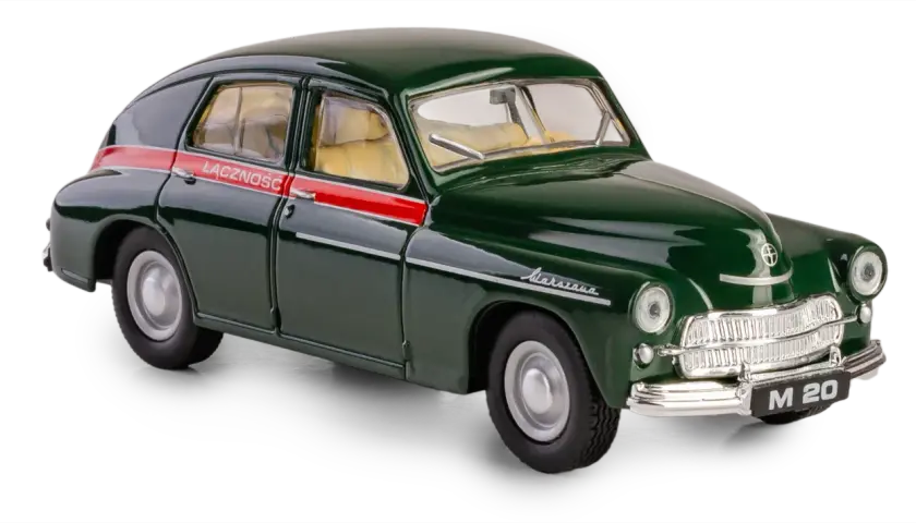 Zielona Warszawa M 20 z czerwonym pasem i napisem "ŁĄCZNOŚĆ" na drzwiach, model samochodu z lat 50.