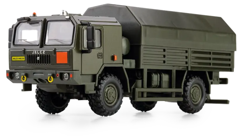 Model ciężarówki Jelcz 442.32 4x4 w kolorze zielonym, widok z przodu i z boku.