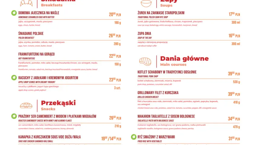 Menu z daniami, w tym intercity wagon restauracyjny z zupami i daniami głównymi.