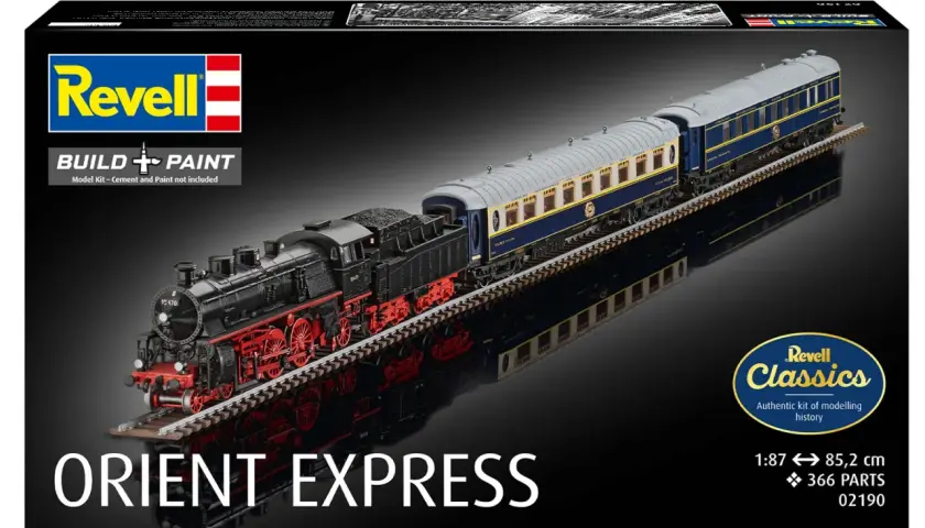 Model pociągu do sklejania Orient Express od Revell. Zestaw zawiera lokomotywę i wagony.