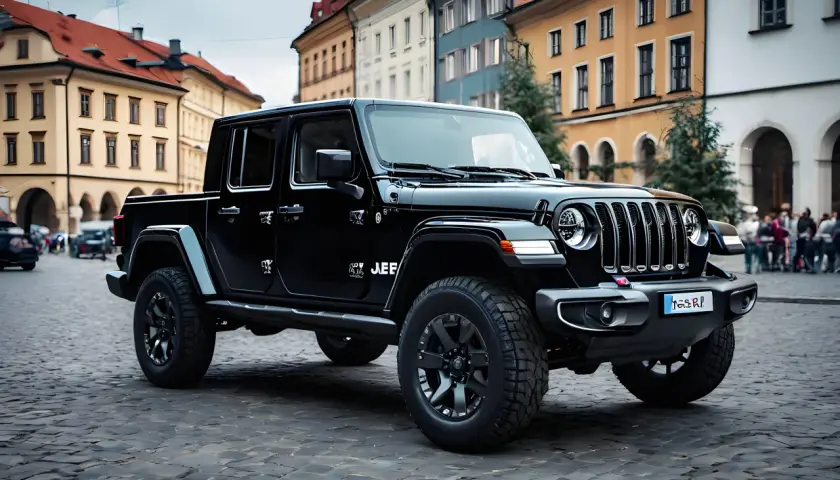 Czarny Jeep Gladiator na brukowanej ulicy, jeden z wielu imponujących jeep modele.