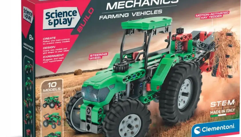 Zestaw Clementoni "Mechanics Farming Vehicles" to fantastyczne **zabawki mechaniczne dla dzieci**, które pozwalają zbudować traktor z ruchomym podajnikiem siana.