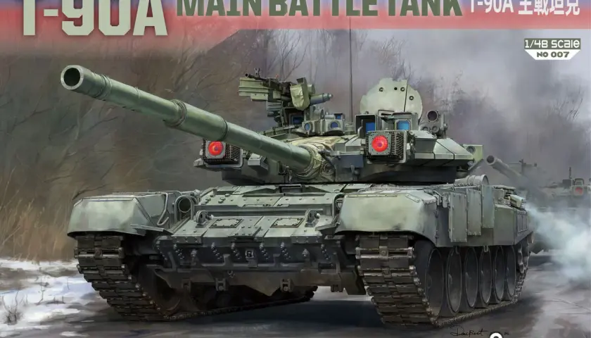 Potężny czołg T-90A w skali 1/48, gotowy do akcji na tle zimowego krajobrazu.
