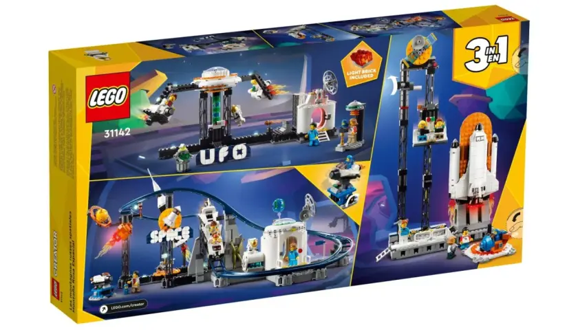Zestaw LEGO Creator 3 w 1 z kosmiczną kolejką górską zabawką, statkiem kosmicznym i innymi modelami.