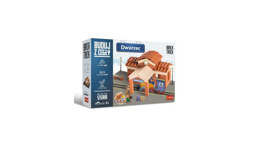 Zestaw Brick Trick Dworzec pozwala zbudować stację kolejową z prawdziwych cegieł. Idealny do podróży w świat wyobraźni!