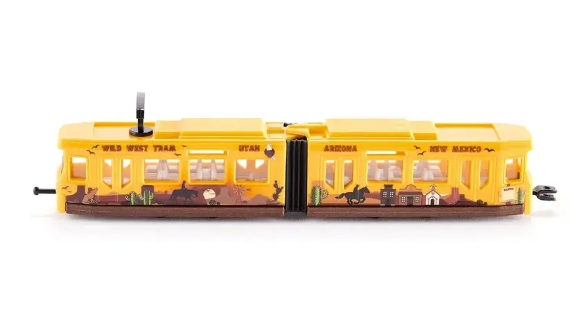 Żółty tramwaj zabawka z motywem Dzikiego Zachodu, z nazwami stanów Utah, Arizona i New Mexico.