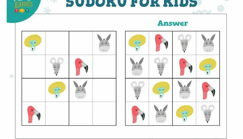 Sudoku zasady dla dzieci: plansza z zagadkami i rozwiązaniami, gdzie zamiast cyfr są urocze zwierzątka: lew, myszka, flaming i osiołek.