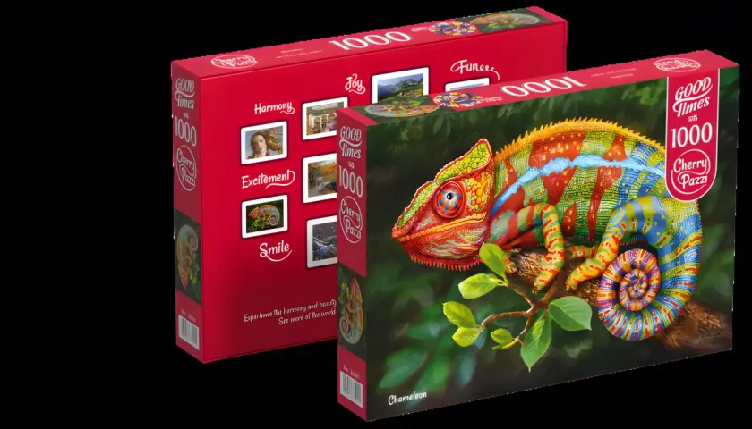 Kolorowe puzzle kameleon od Cherry Pazzi, 1000 elementów. Zestaw zawiera obrazek z jaszczurką na gałęzi.