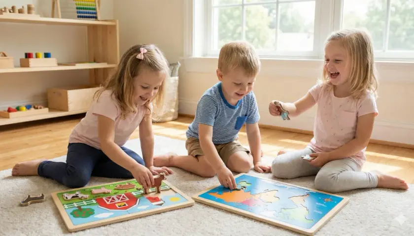 Dzieci bawią się drewnianymi puzzlami 3d: na jednym jest wieś z zagrodą, na drugim mapa świata.