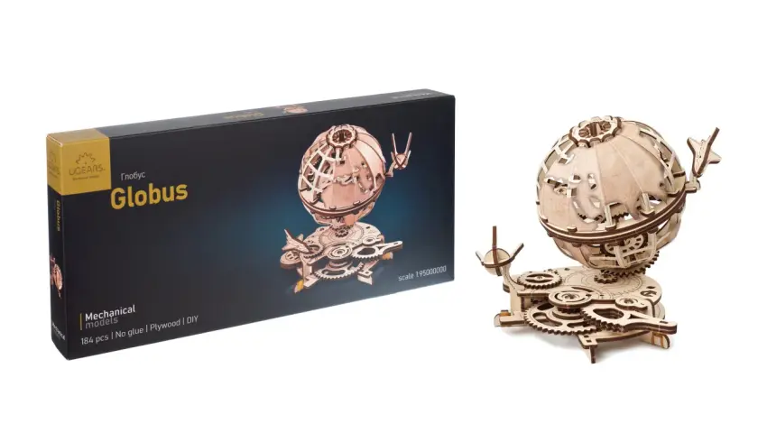 Drewniany puzzle 3d globus, model mechaniczny do samodzielnego złożenia. Zestaw zawiera 184 elementy.