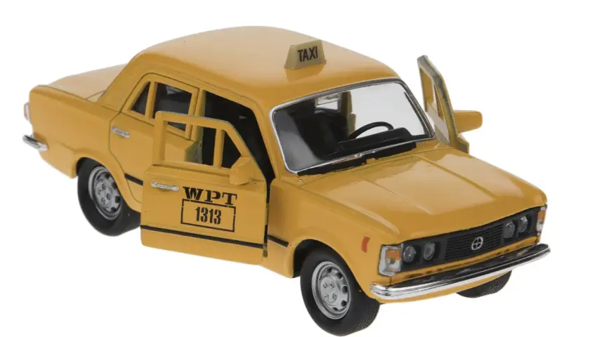 Żółty fiat 125p taxi z otwartymi drzwiami i tabliczką "TAXI" na dachu.