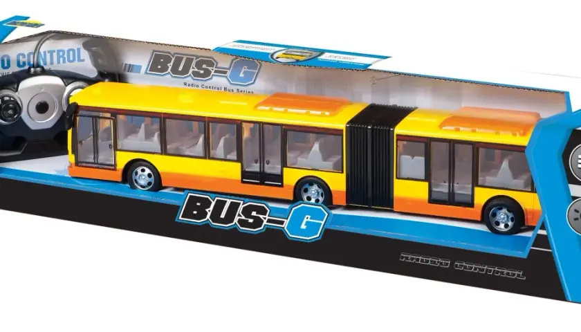Żółto-pomarańczowy przegubowy autobus na pilota, zapakowany w pudełko z napisem "BUS-G Radio Control Bus Series".