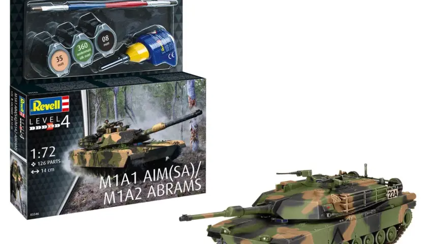 Zestaw do sklejania czołgu M1A1 Abrams, zawiera farby i pędzel. Model czołgu w kamuflażu leśnym.