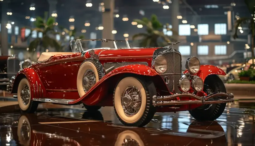 Błyszczący, czerwony kabriolet Duesenberg Model J z białymi oponami i chromowanymi detalami, stojący na lśniącej podłodze.