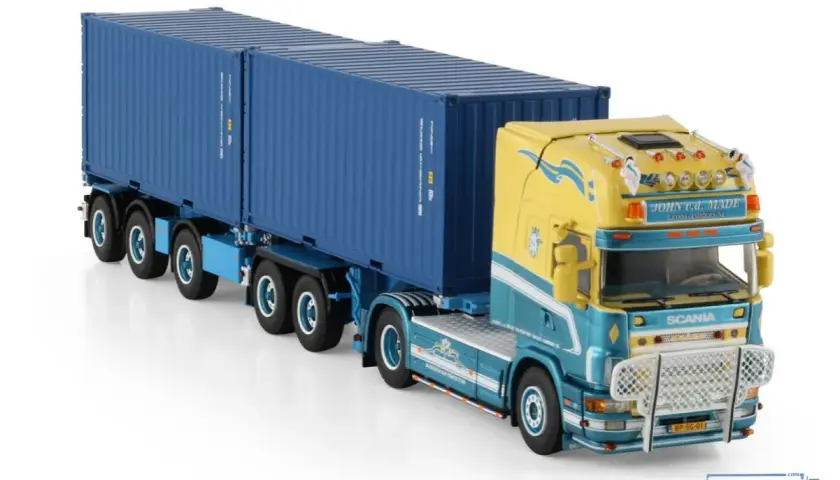 Żółto-niebieska Scania z dwoma niebieskimi kontenerami. Model ciężarówki Scania kontener, gotowy do transportu.
