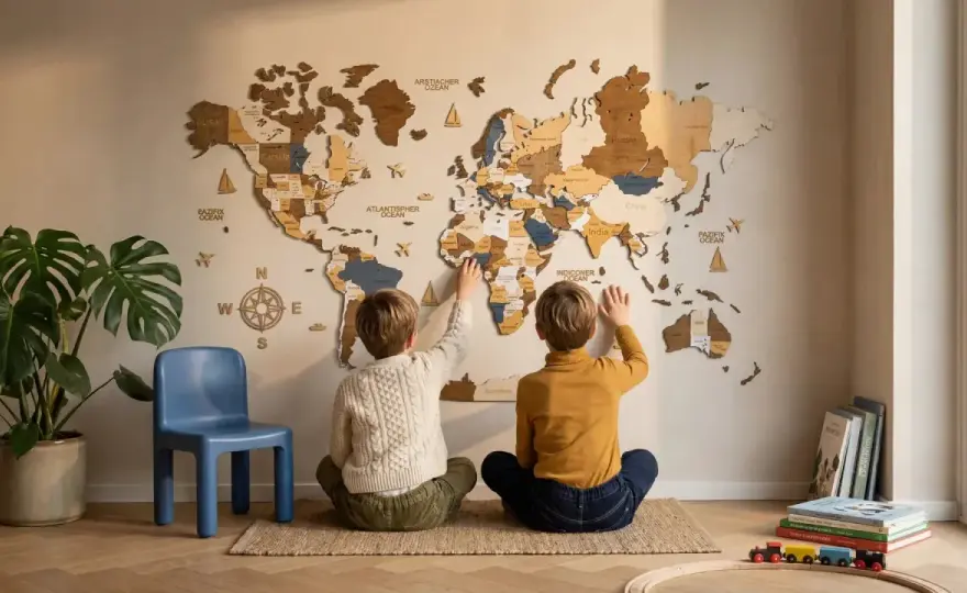 Drewniana mapa świata do pokoju dziecka i salonu - jak wybrać?