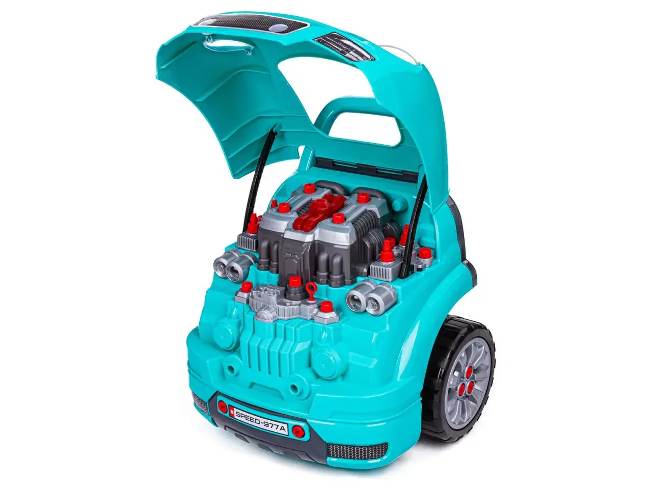 Turkusowy **zestaw małego mechanika** z otwartą maską, ukazujący plastikowy silnik z czerwonymi elementami i śrubami.