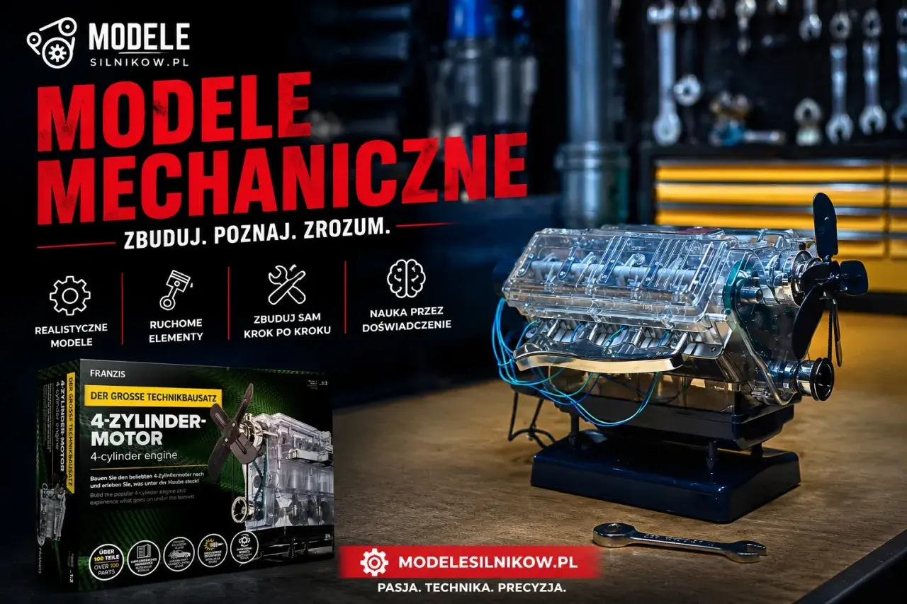 Przezroczysty model 4-cylindrowego silnika, który można zbudować samodzielnie. Idealny do nauki i poznawania mechaniki.