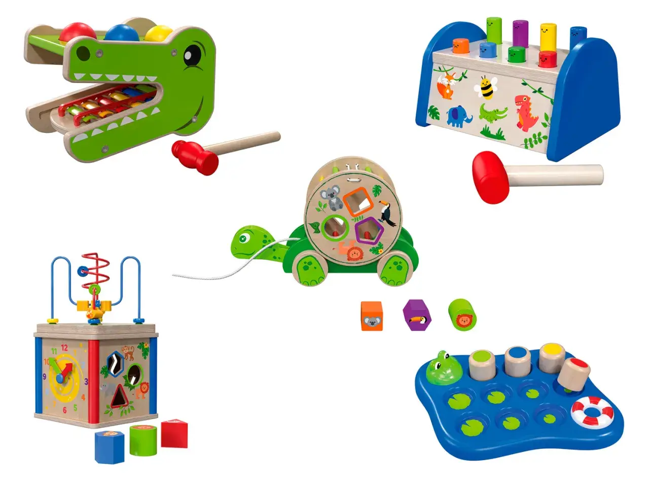 Kreatywne playtive zabawki drewniane: sorter kształtów, cymbałki krokodyl, kostki do wbijania, kostki z zwierzątkami i kostki do sortowania.