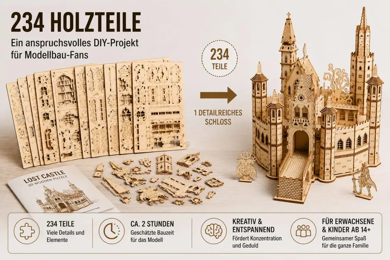 Zestaw 234 elementów do złożenia pięknego, drewnianego zamku. Idealny projekt dla fanów modeli.