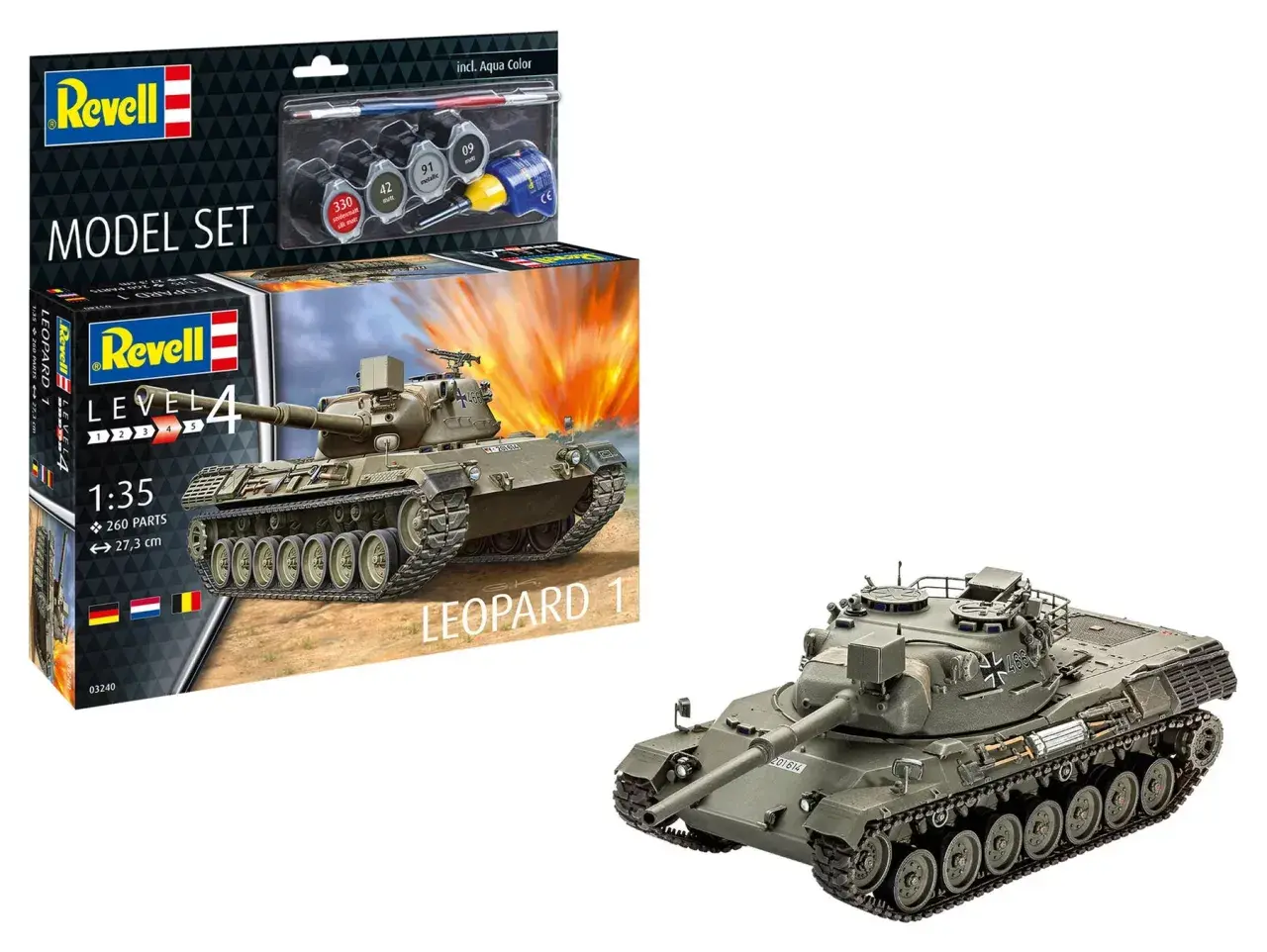 Zestaw modelarski Revell z modelem czołgu Leopard 1, farbami i pędzelkiem.