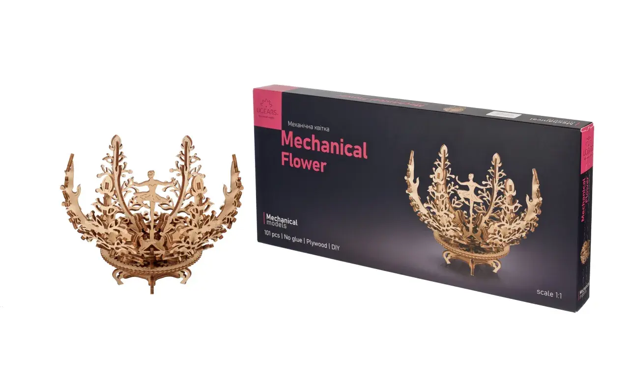Drewniana pozytywka Mechanical Flower, model do samodzielnego złożenia, z misternymi detalami i figurkami.