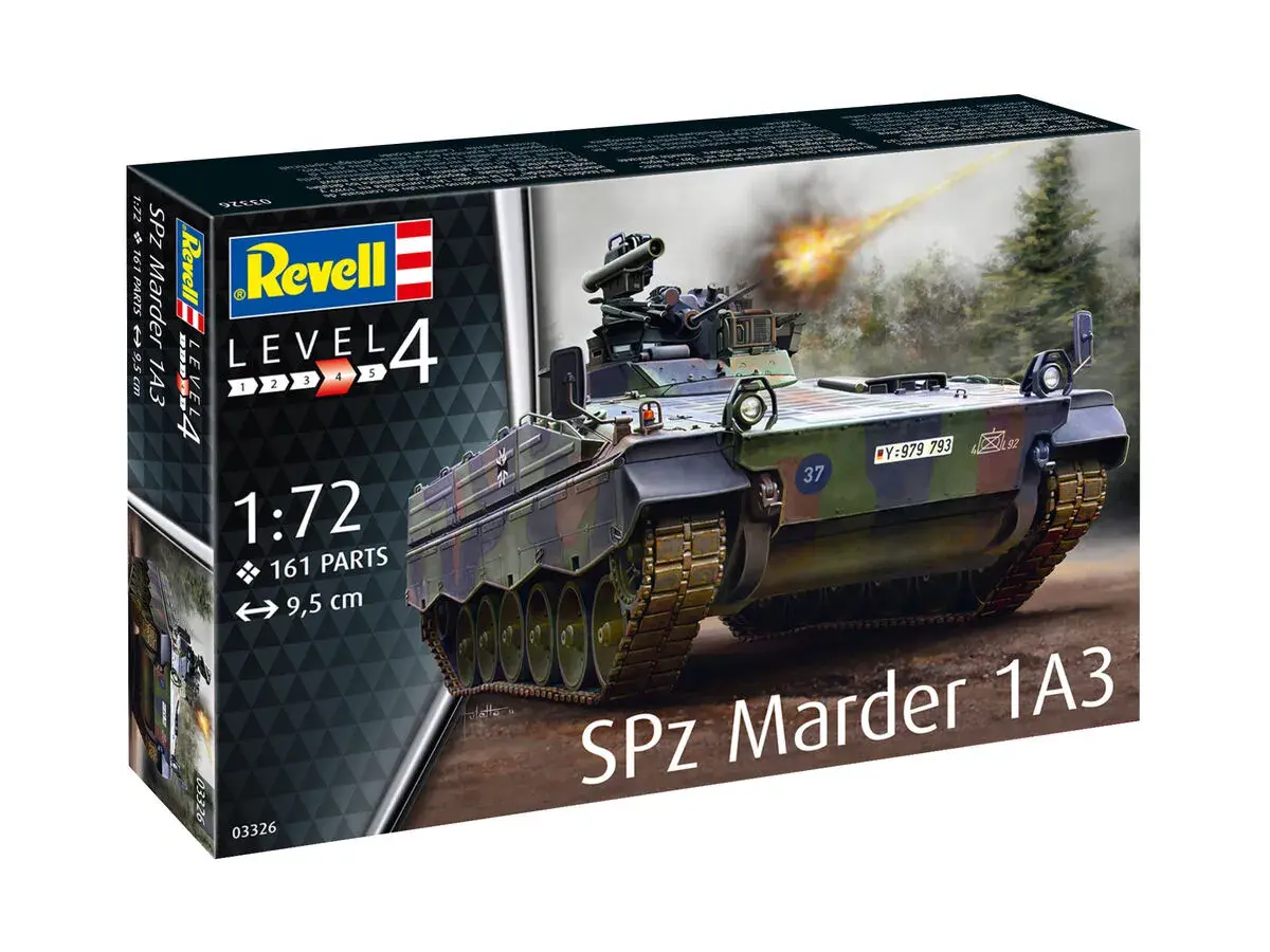 Model bojowego pojazdu opancerzonego SPz Marder 1A3 w skali 1:72, gotowy do akcji z płonącym pociskiem.