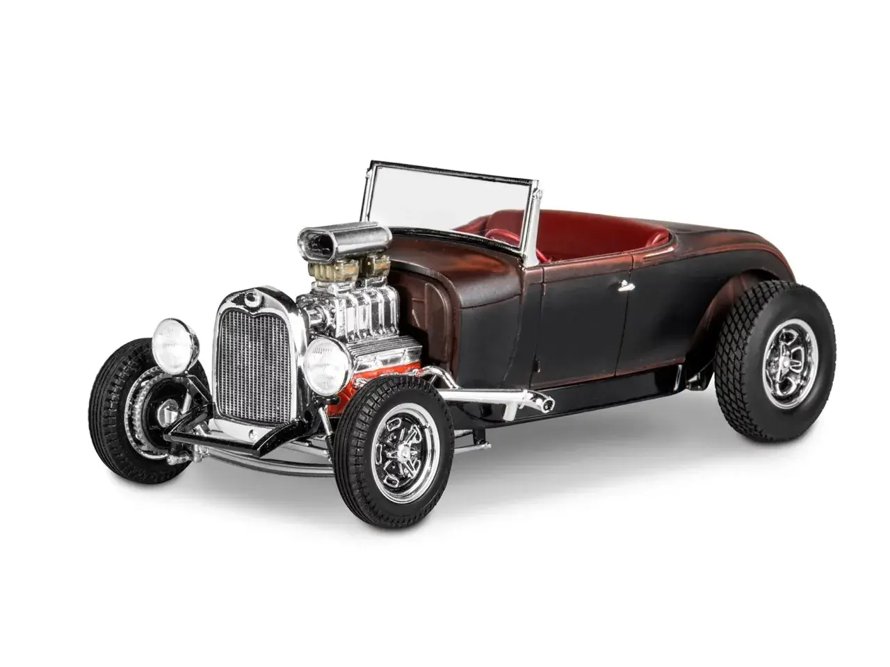 Klasyczny Ford Model A w stylu hot rod, z potężnym silnikiem i czerwoną tapicerką.