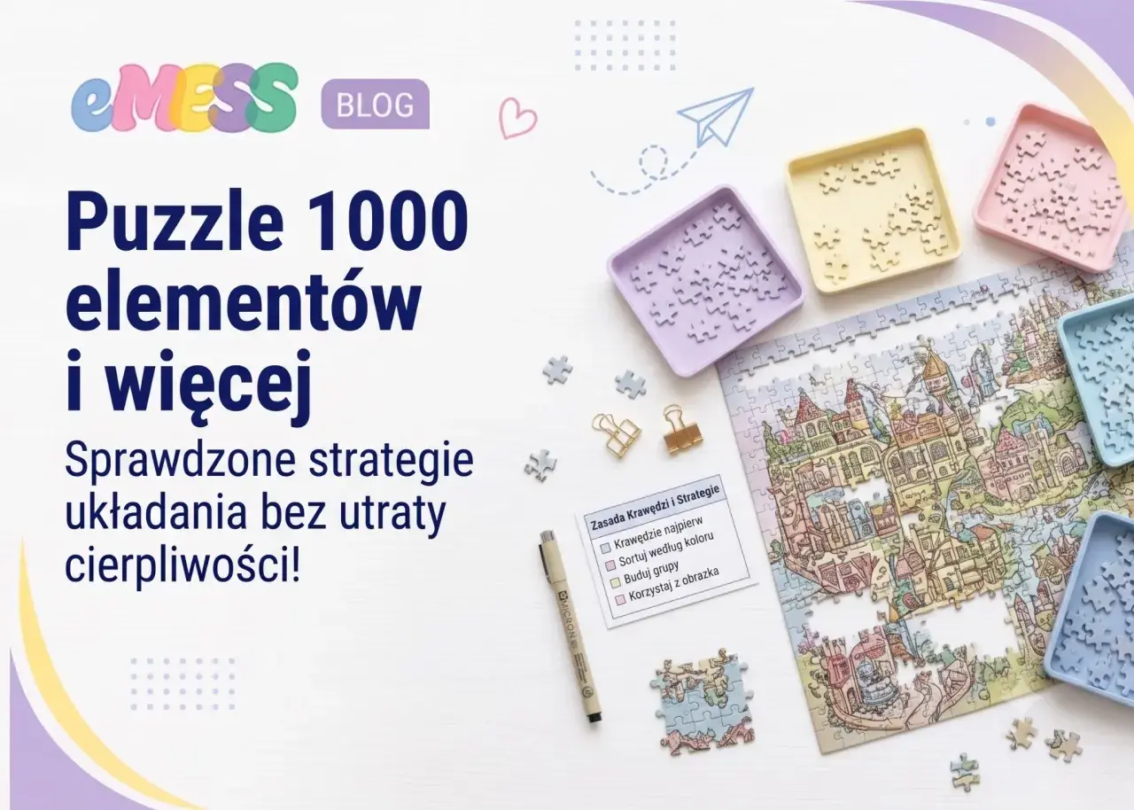 Kolorowe tacki z elementami puzzli i częściowo ułożony obrazek miasta. Artykuł o układaniu puzzli 1000 elementów i więcej.