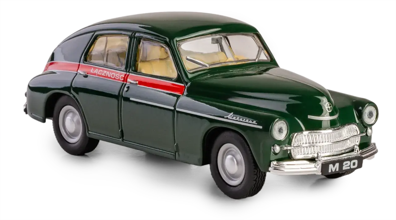 Zielona Warszawa M 20 z czerwonym pasem i napisem "ŁĄCZNOŚĆ" na drzwiach, model samochodu z lat 50.