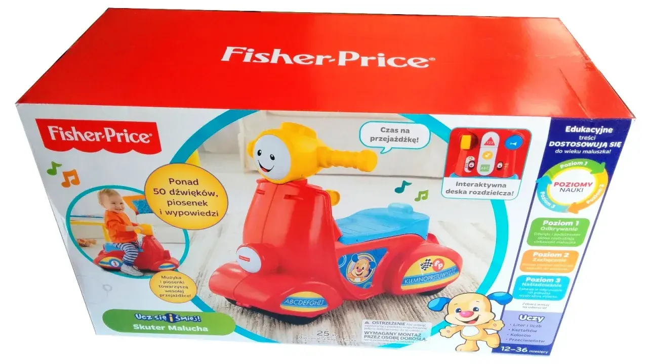 Kolorowy skuter zabawka Fisher-Price z interaktywną deską rozdzielczą. Uczy literek, liczb i kolorów, oferując ponad 50 dźwięków i piosenek.