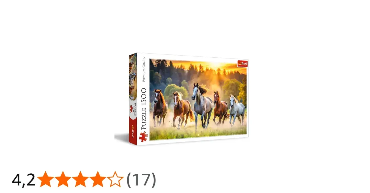 Piękne puzzle z koniem w roli głównej. Stado galopujących koni na tle zachodzącego słońca.